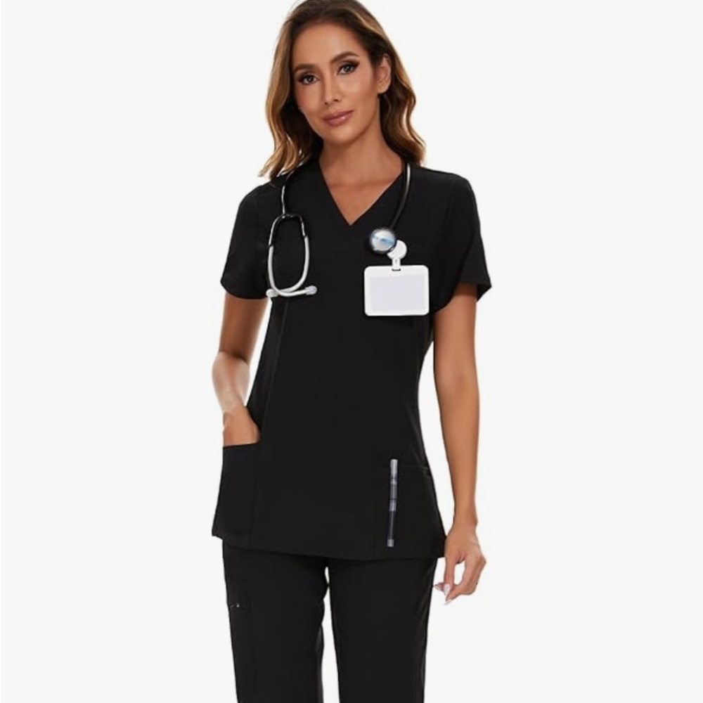 Medical Scrub Top and Bottoms Black Very Comfortable EUC
